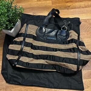 Juicy Couture Daydreamer Black Faux Leather Tan Straw Striped Tote Purse Earthy